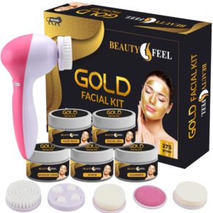 Professional Beauty Feel Herbal Gold Facial Kit With 5 in 1 Face Massager for Facial for Women & Men All Type Glow Fairness [ Set of 5 ] 275 gm
