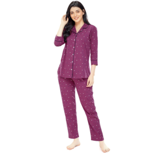 Women's Cotton Heart Printed Night Suit Set of Shirt & Pyjama