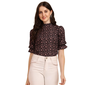 Women's Casual Puff Sleeves Ruffled Collor Foral Top